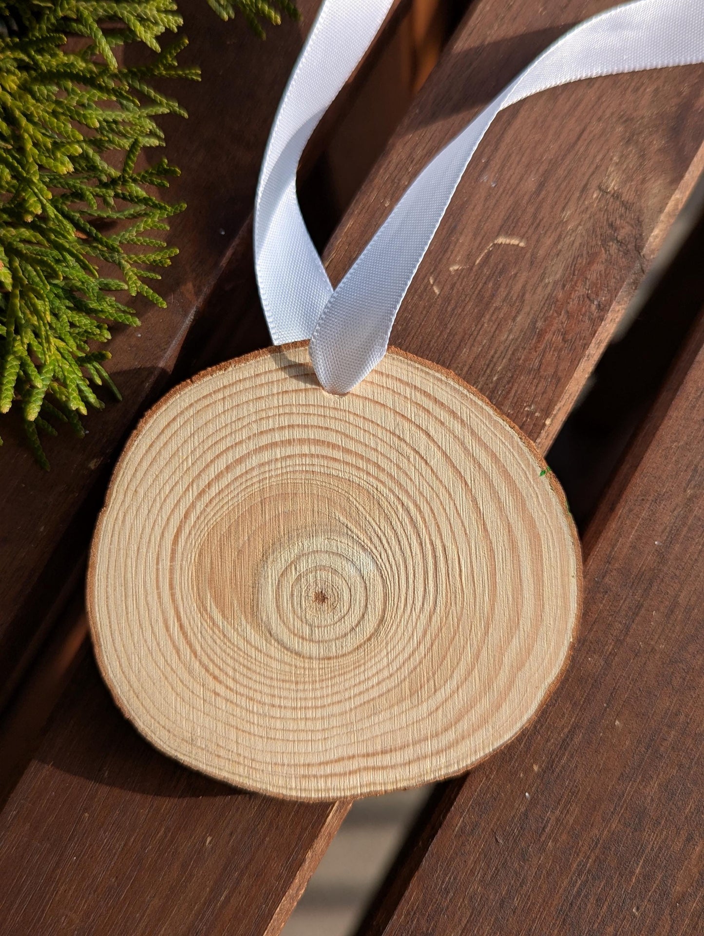 Hand-Painted Wood Slice Christmas Ornament: Blue Floral Snowflake Design