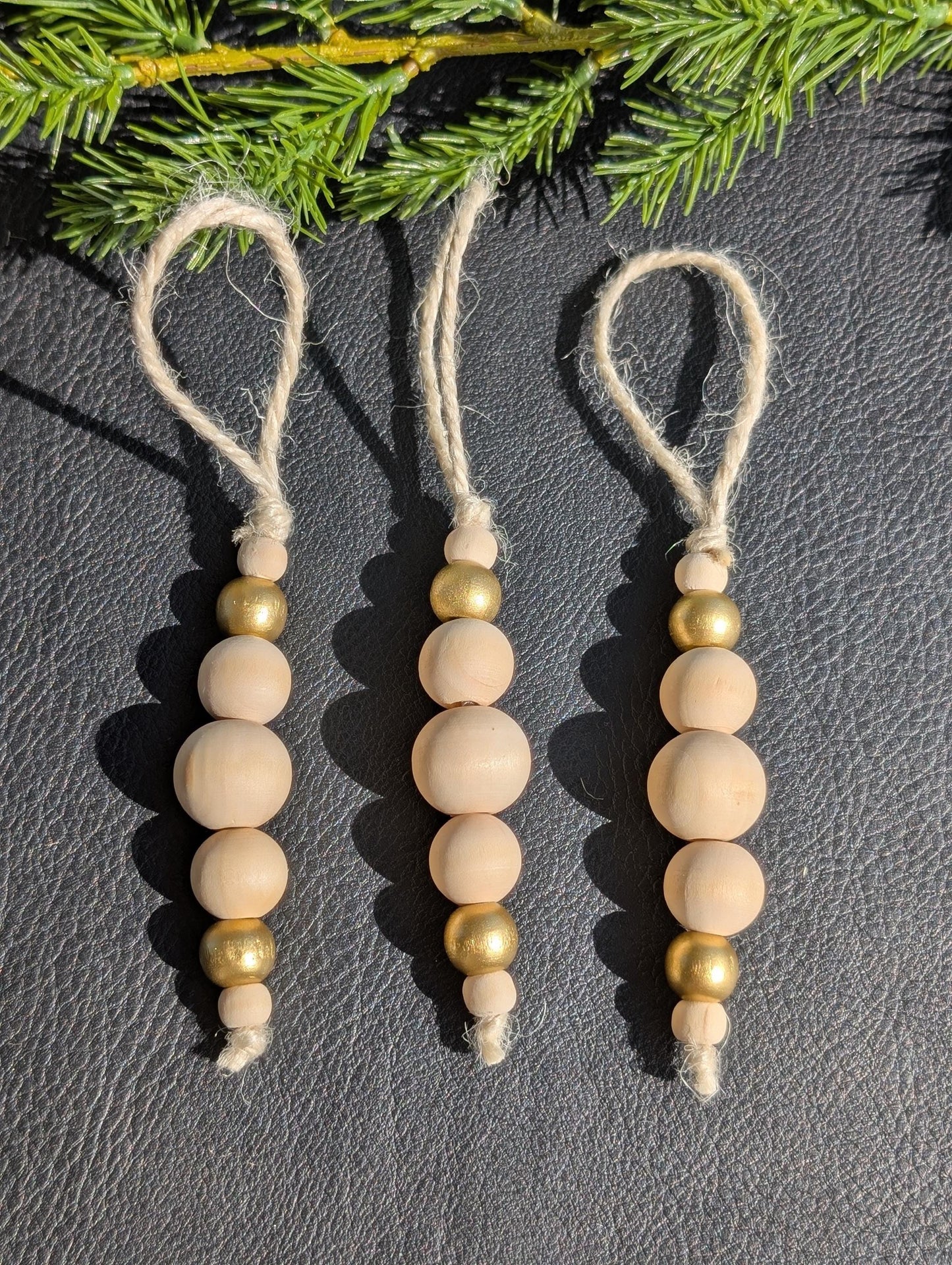 Handmade Wooden Bead Christmas Ornament Set: Rustic Holiday Decor