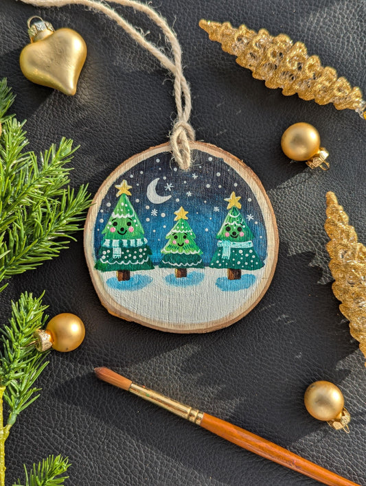 Hand Painted Wood Slice Christmas Ornament: Rustic Family Tree Decor
