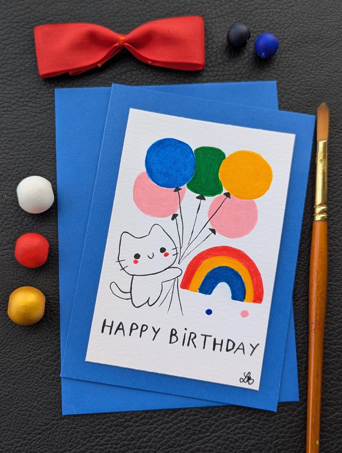 Handmade Funny Cat Birthday Card: Original Acrylic Painting