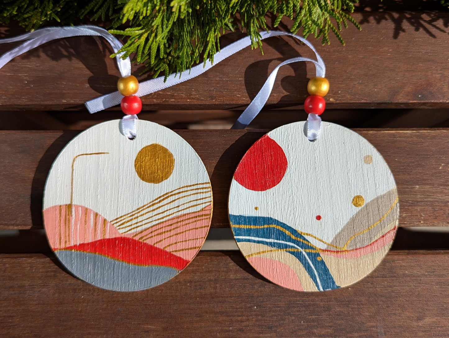 Hand-Painted Boho Christmas Ornaments: Wood Holiday Decor, Set of 2