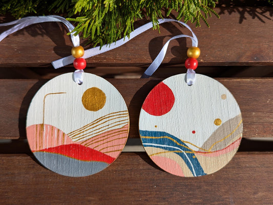 Hand-Painted Boho Christmas Ornaments: Wood Holiday Decor, Set of 2