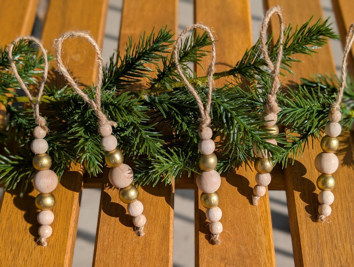 Handmade Wooden Bead Christmas Ornament Set: Rustic Holiday Decor