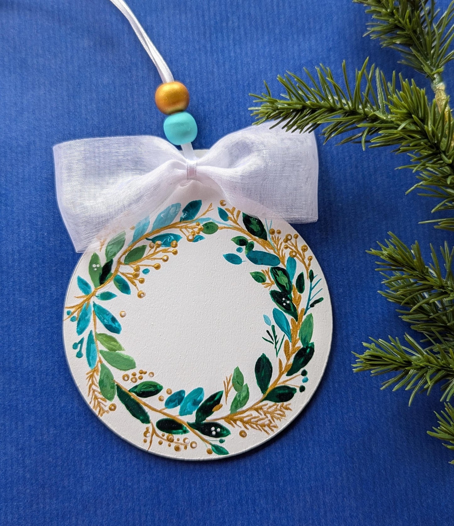 Hand-Painted Wooden Christmas Ornament: Wreath Design