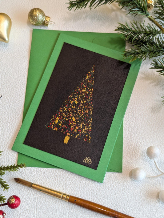 Handmade Christmas Tree Card , Green, Black & Gold, Minimalist Holiday Greeting Card