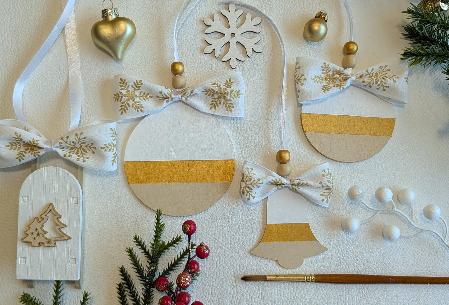 Scandinavian Christmas Ornaments Set: Hand-Painted Wood, Gold Accent