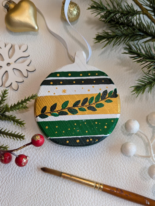 Hand-Painted Wooden Christmas Ornament: Green & Gold Boho Decor