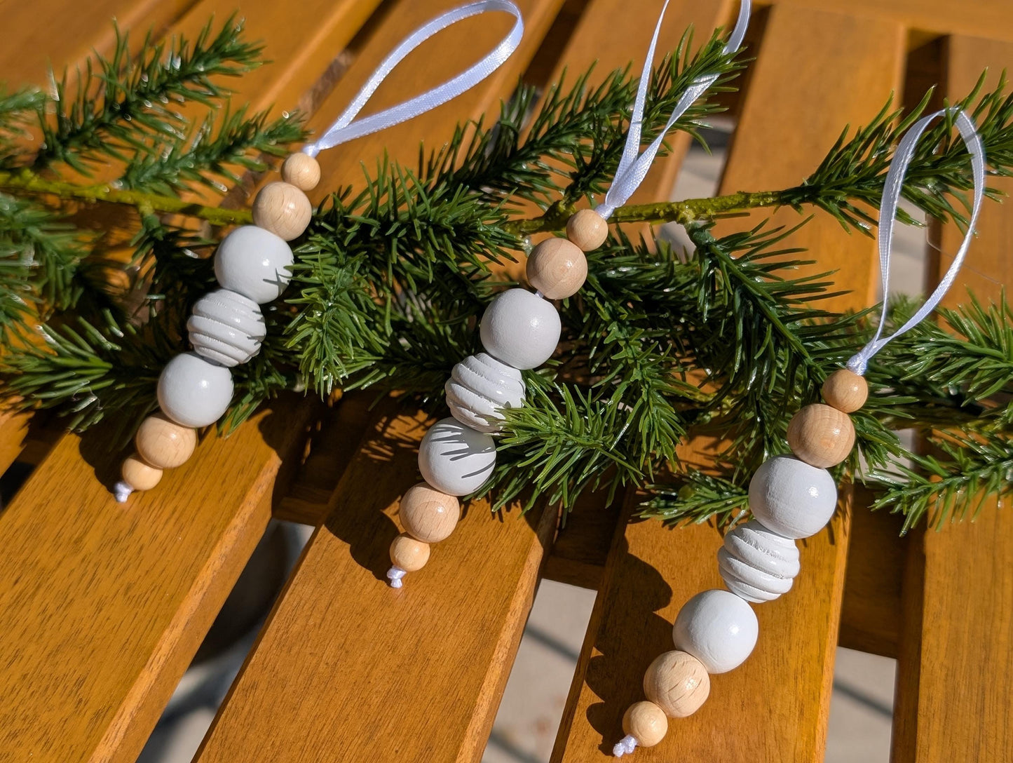 Handmade Wooden Bead Christmas Ornament Set: Rustic Holiday Decor