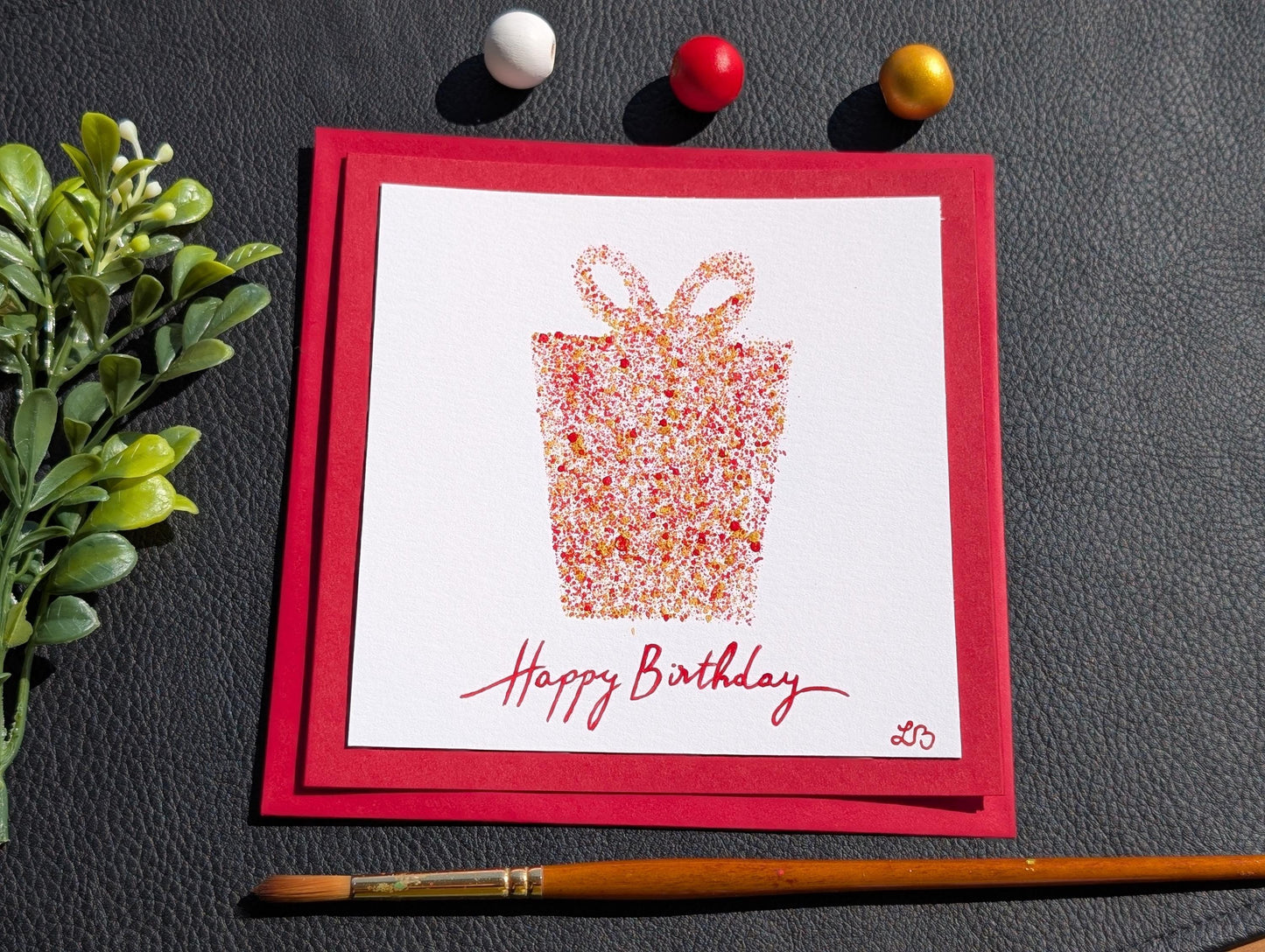 Hand Painted Birthday Card: Modern Gift Box Design, Acrylic Mini Painting