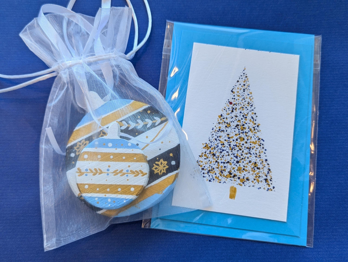 Hand-Painted Blue Wood Christmas Ornaments & Card Set: Boho Holiday Decor