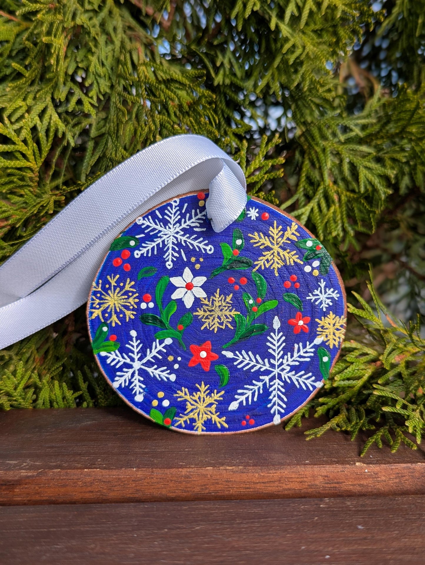 Hand-Painted Wood Slice Christmas Ornament: Blue Floral Snowflake Design