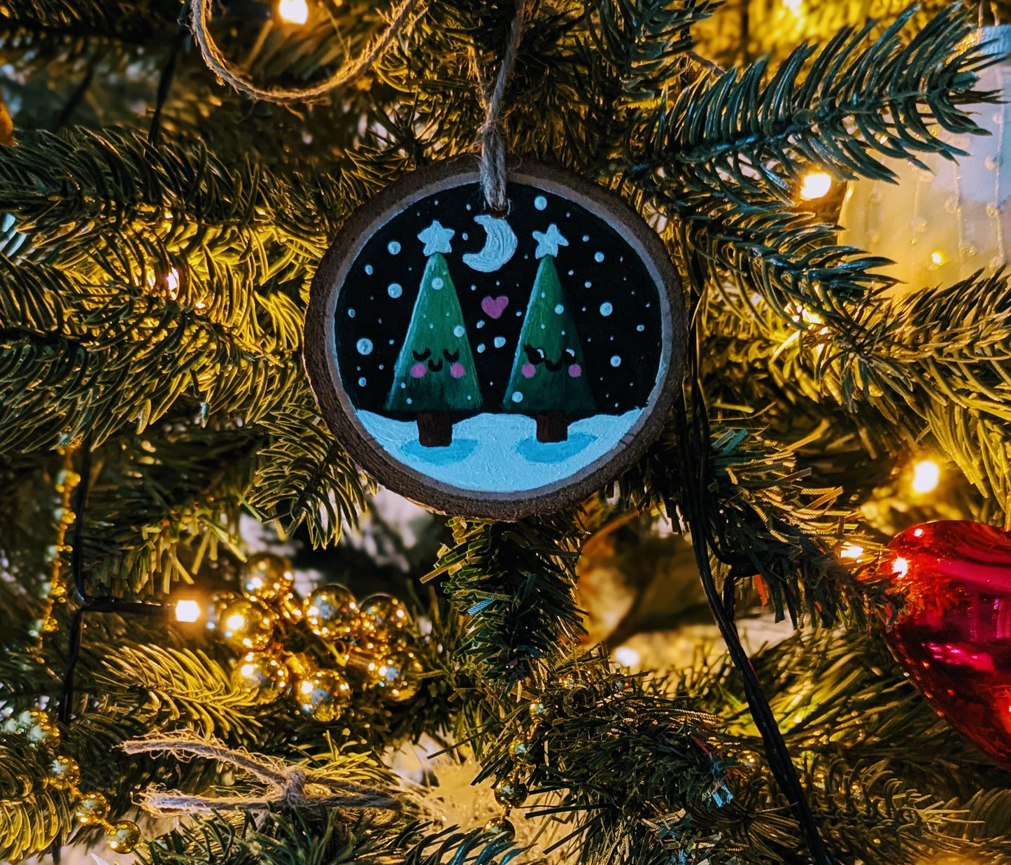 Hand-Painted Wood Slice Christmas Ornament: Farmhouse Tree Family