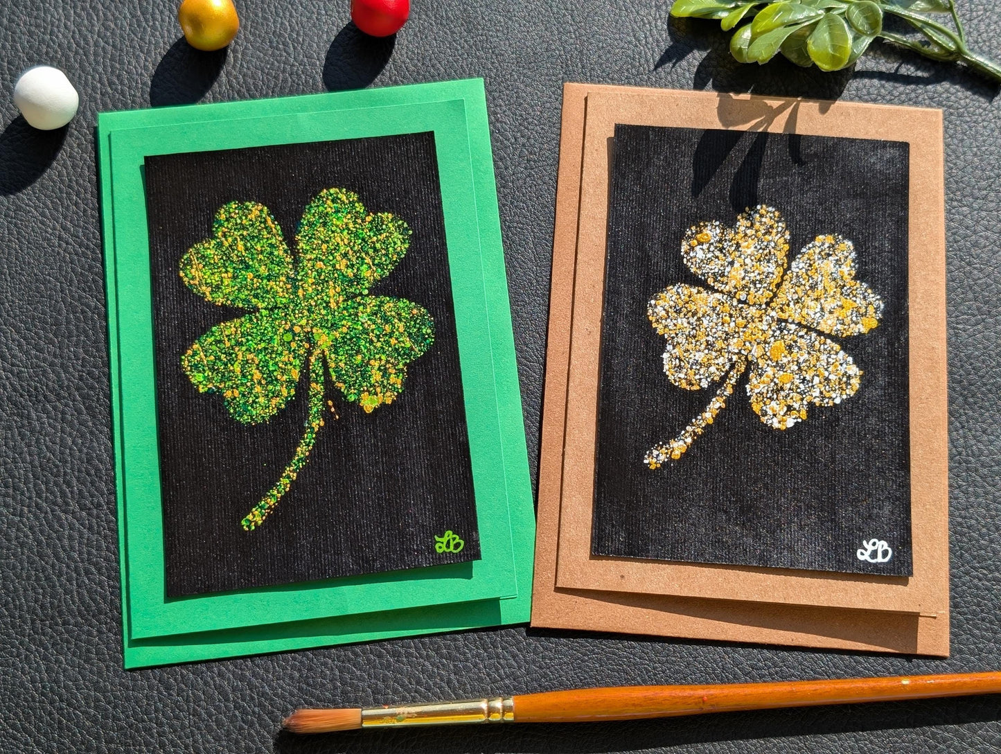 Hand Painted Acrylic Good Luck Card: Black, Green & Gold