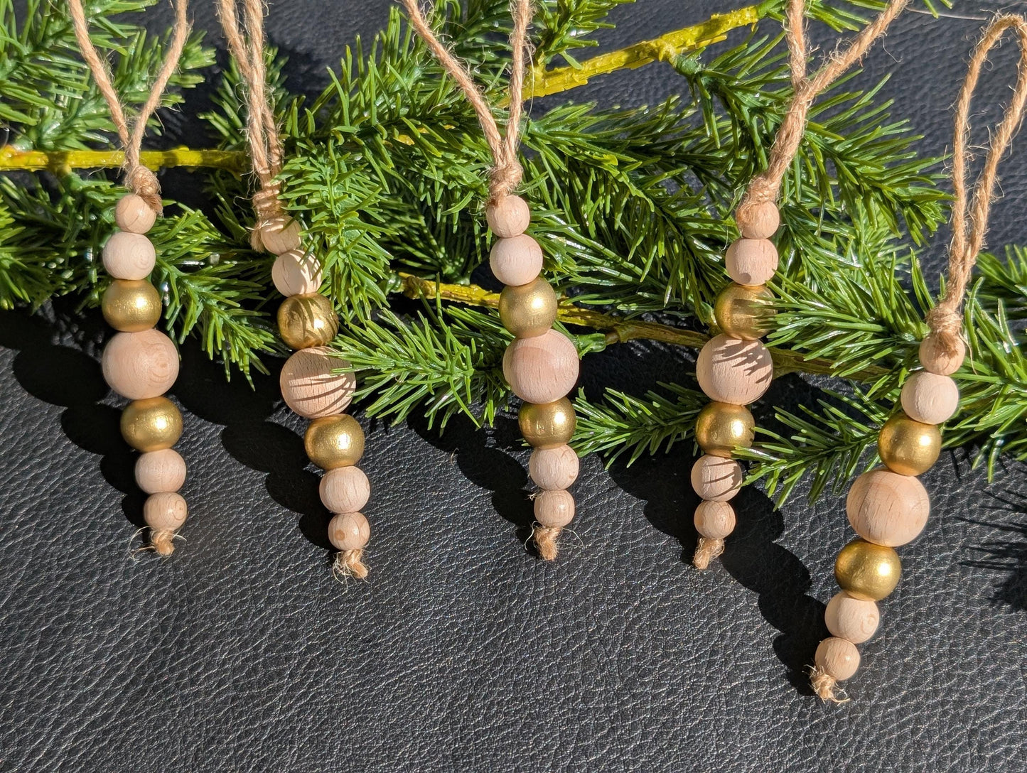 Handmade Wooden Bead Christmas Ornament Set: Rustic Holiday Decor