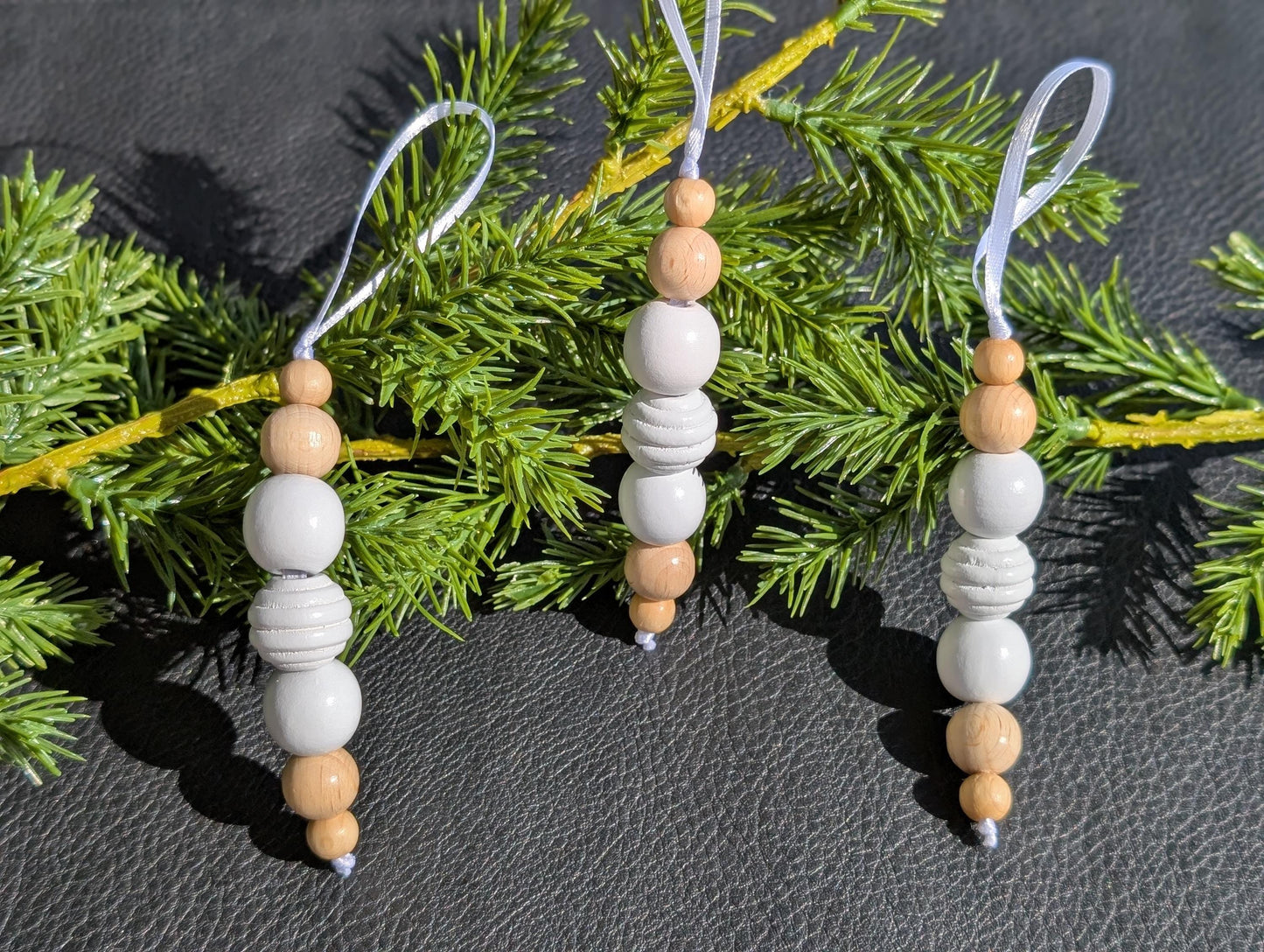 Handmade Wooden Bead Christmas Ornament Set: Rustic Holiday Decor