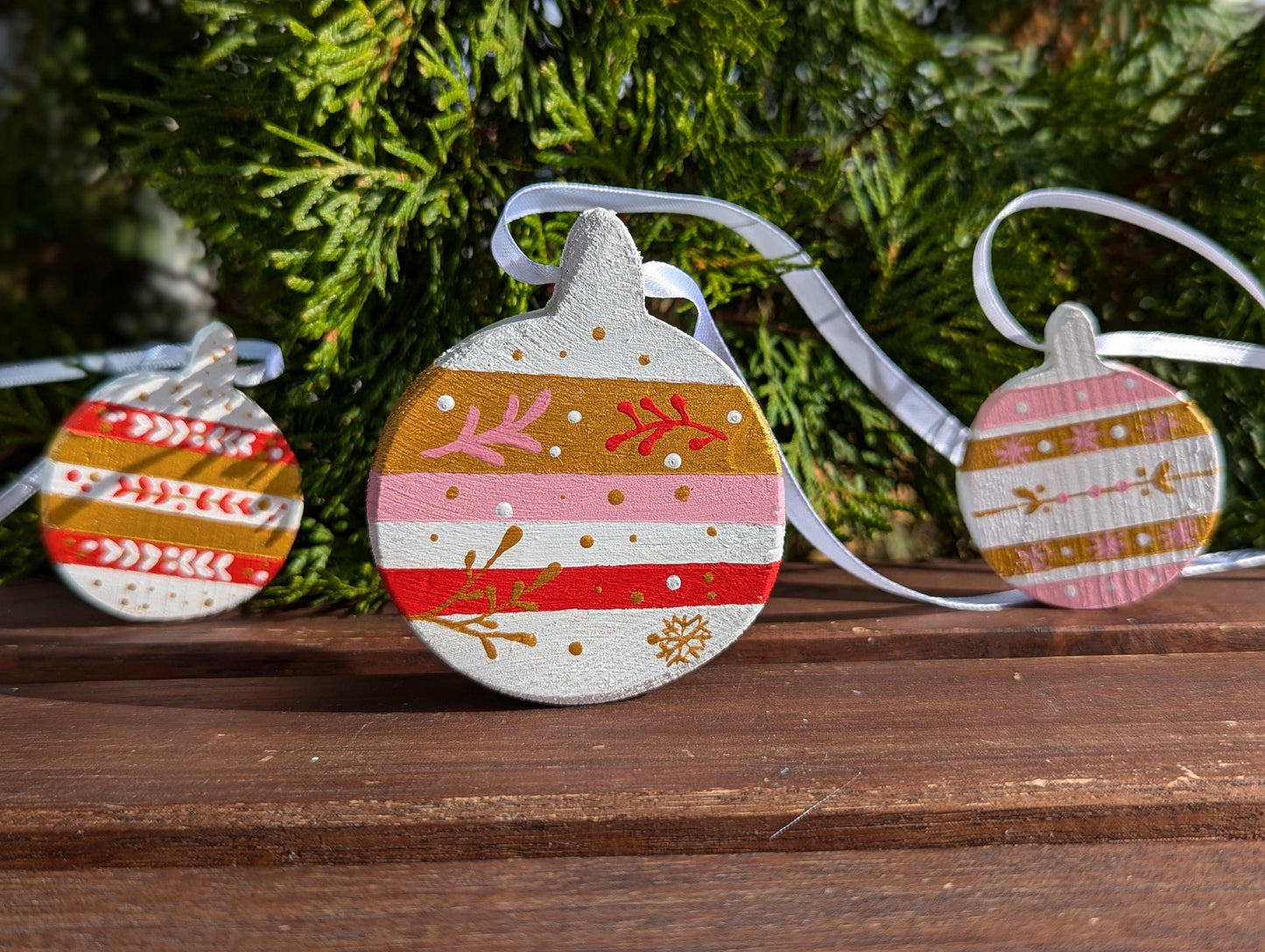 Boho Christmas Ornament Set: Hand-Painted Wooden Holiday Decorations