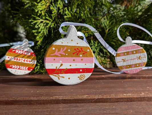 Boho Christmas Ornament Set: Hand-Painted Wooden Holiday Decorations