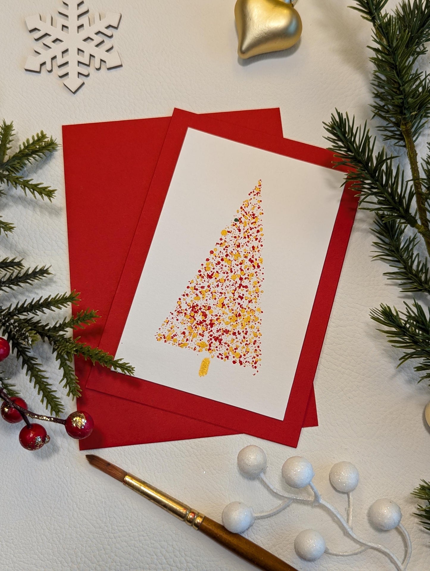 Handmade Christmas Tree Card , Black & Gold, Minimalist Holiday Greeting Card