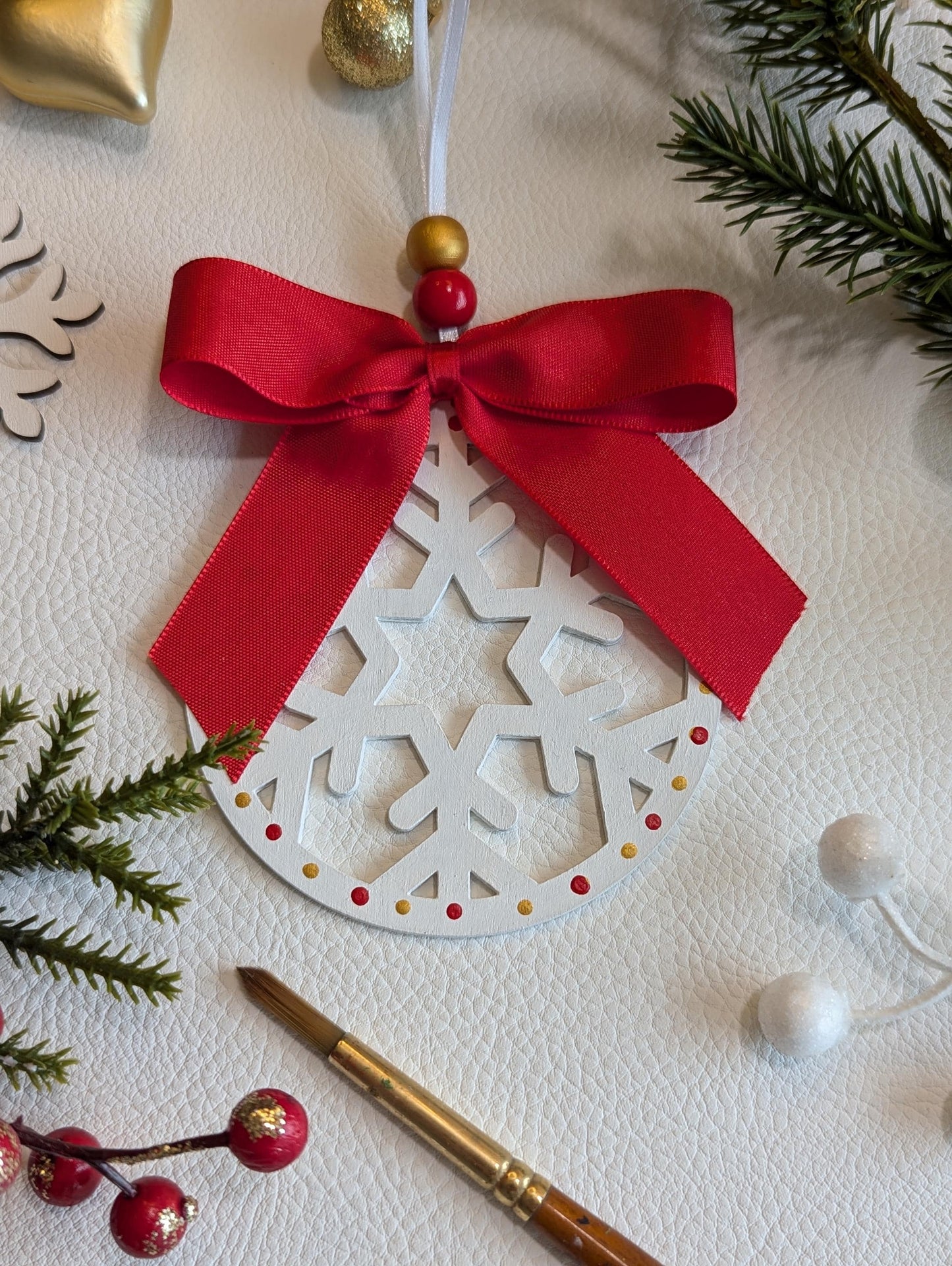 Hand-Painted Wooden Snowflake Ornament - Christmas Decoration