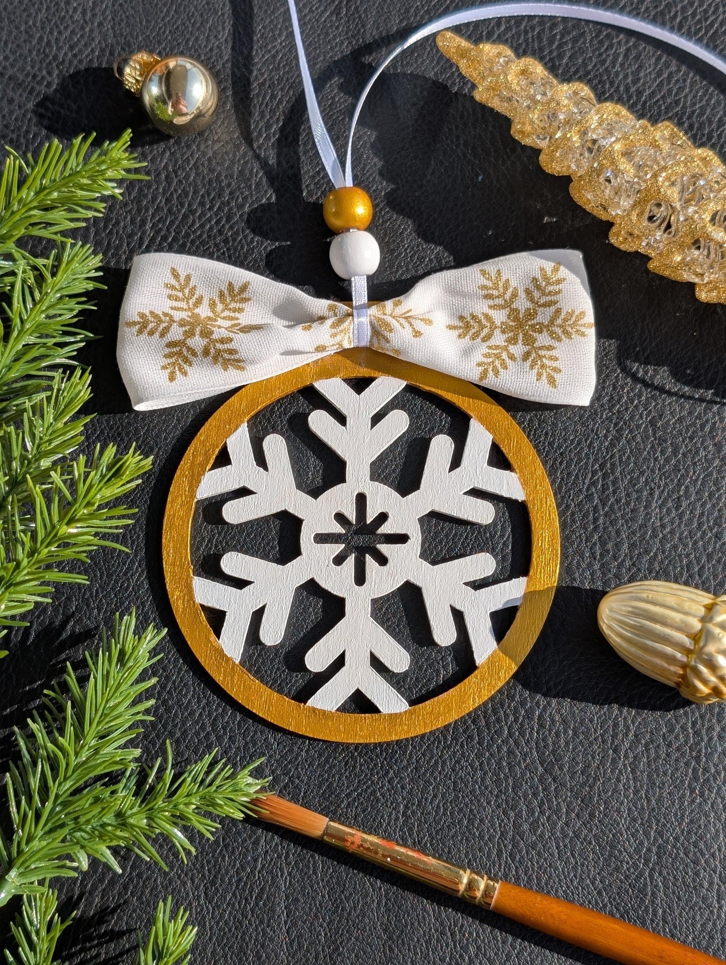 Hand-Painted Wooden Snowflake Ornament - Christmas Decoration