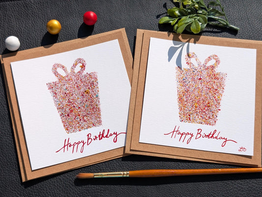 Hand Painted Birthday Card: Modern Gift Box Design, Set of 2 Cards